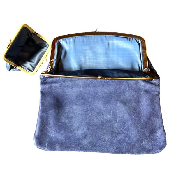 Vtg 1950s Budd Leather Blue Foldover Clutch w/Kiss Clasp & Attached Change Purse - Picture 6 of 10
